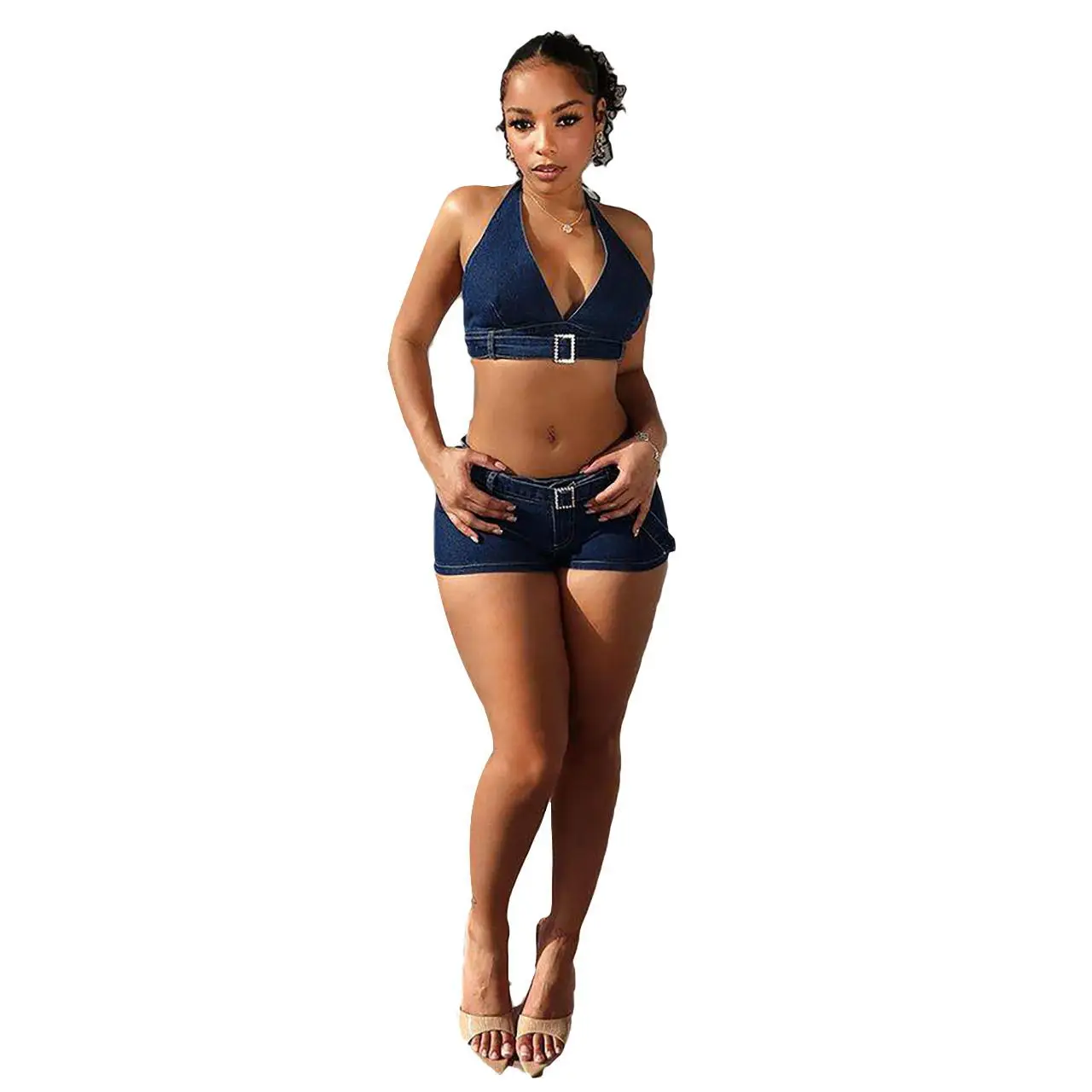 Denim Neck Hanging Elastic Shorts Set, Buttock Bag, Hot Selling, New