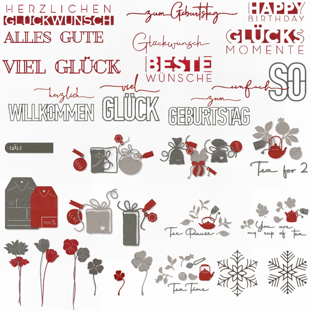 

English German Letter Words HAPPY BIRTHDAY WILLKOMMEN Metal Cutting Dies Teapot with Flowers Snowflake Gifts Box Dies 2023 New