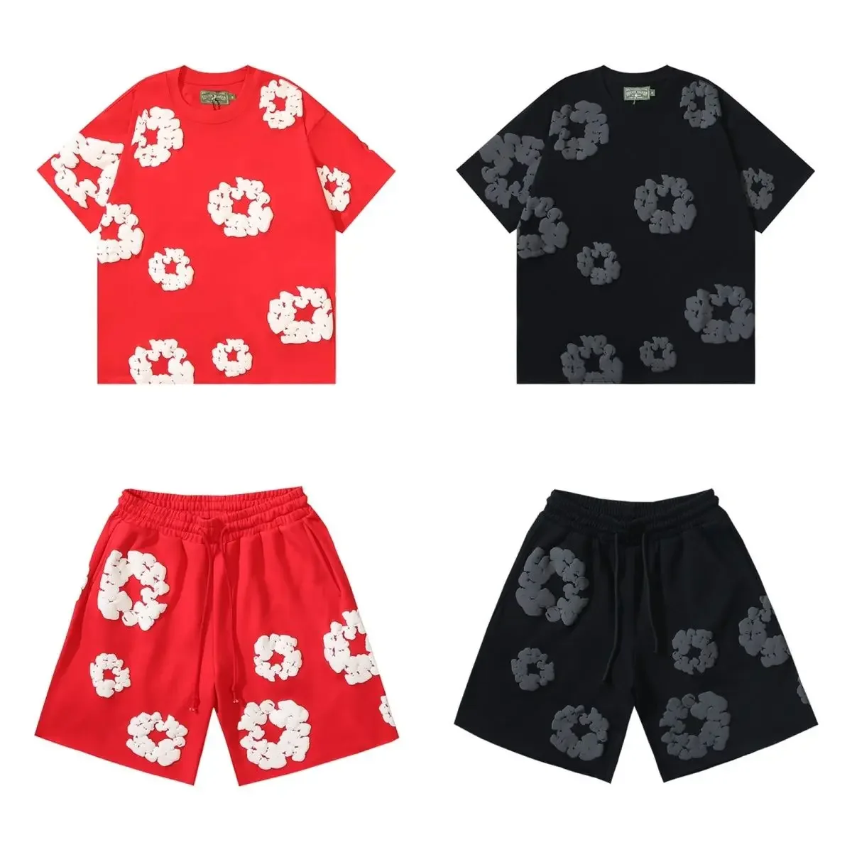 DENIM TEARS New Fashion Men's Women's Same Kapok Foam Printing Short-sleeved T-shirt with Shorts Set 3