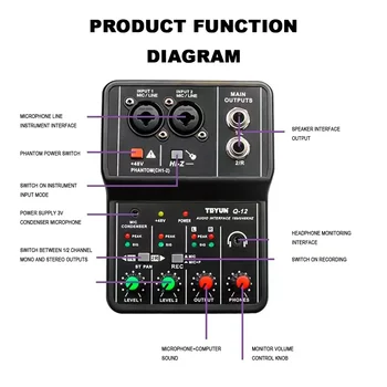 TEYUN Q12 2 Channels Professional portable Audio Interface sound card console mini USB MIXER for Guitar Recording Studio Singing 4