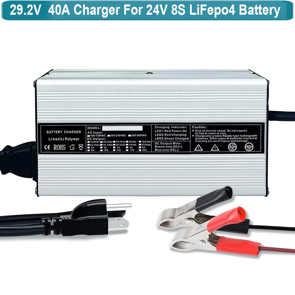 

29.2V 40A 20A LiFePO4 Battery Charger for 25.6V 24V 8S Lithium Iron Phosphate Deep Cycle Rechargeable Batteries