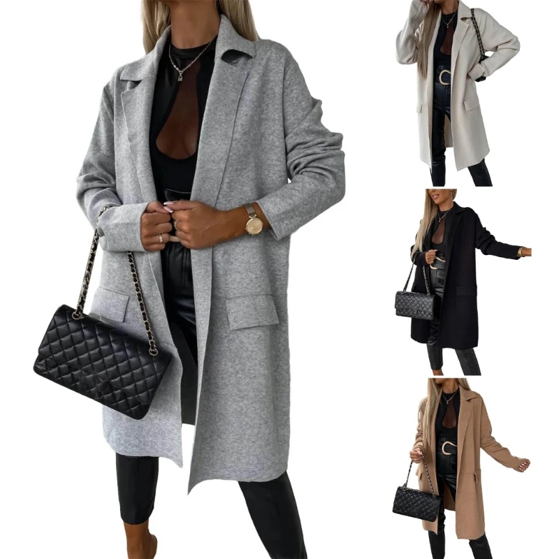 

Woolen Womens Autumn Open Front Pocket Coats Casual Long Sleeve Tops