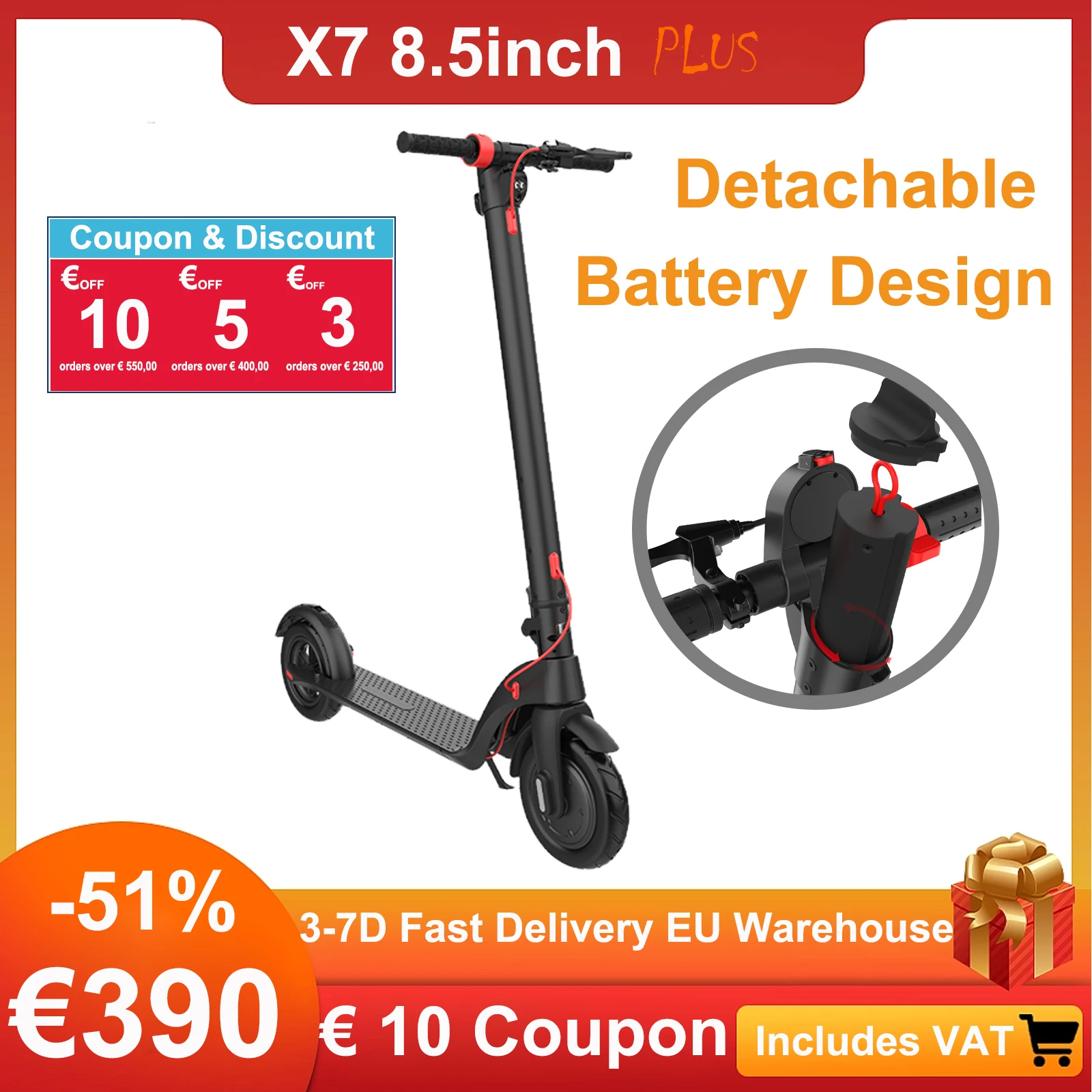 X7 Scooter Elettrico 350W Motore 8.5 Pollici Fuoristrada Batteria Staccabile Scooter Elettrico Per Adulti 6.4Ah 25 Km/H Scooter Pieghevole
