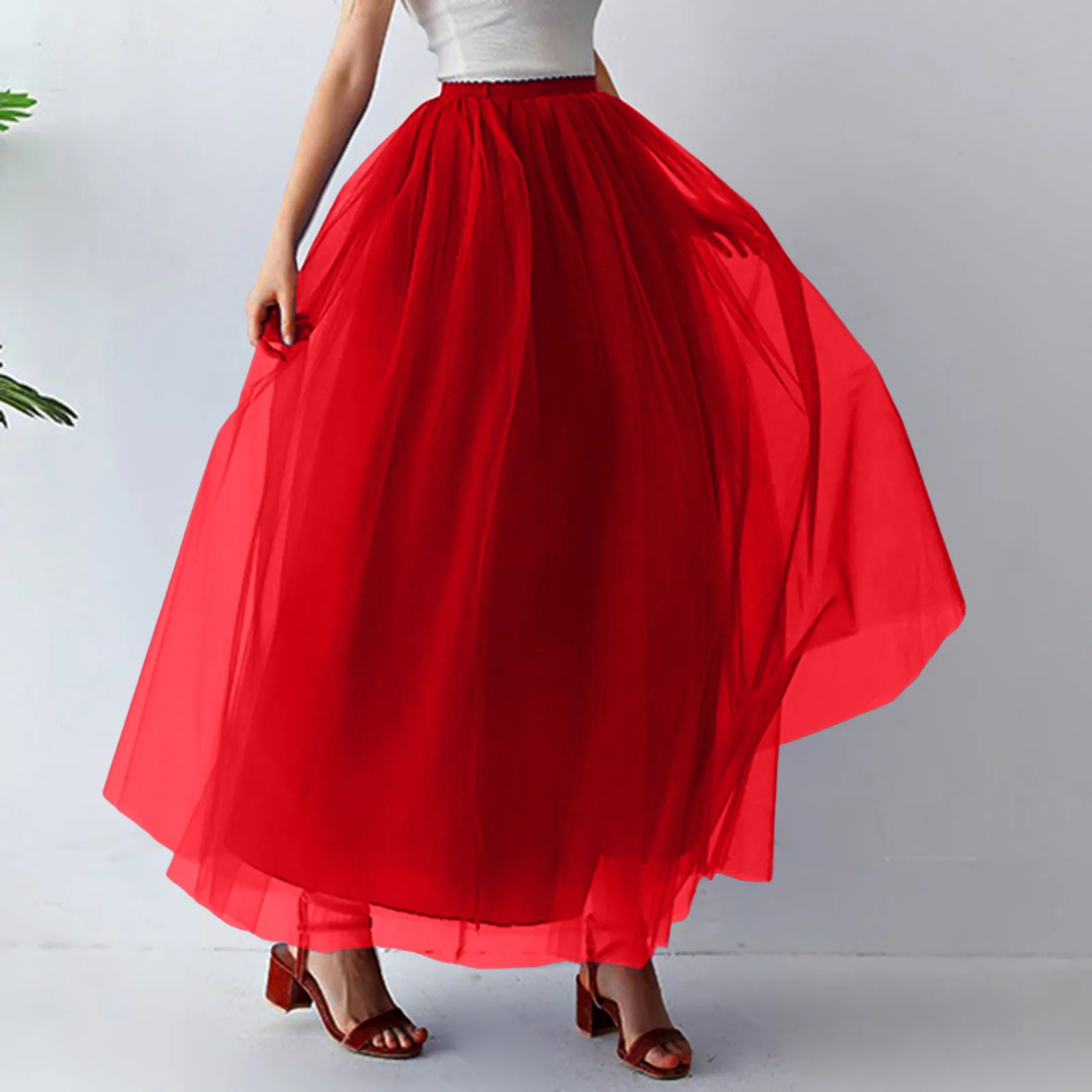 

Elegant Women's Skirt Solid Color Tulle Pleated Long Skirts Flowy Maxi A-Line Dance Party Skirts Long Dress Women Clothes