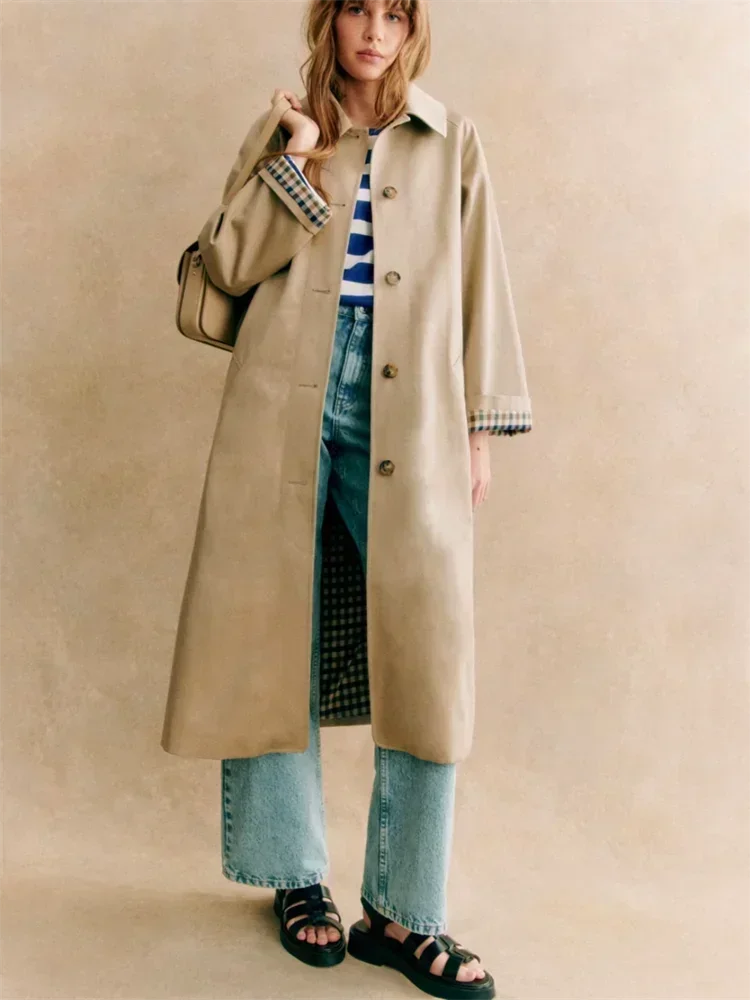 Women 2 Colors Mid-length Windbreaker Turn-down Collar Loose Single Breasted 2025 Autumn Female Fashion Trench Coat 1