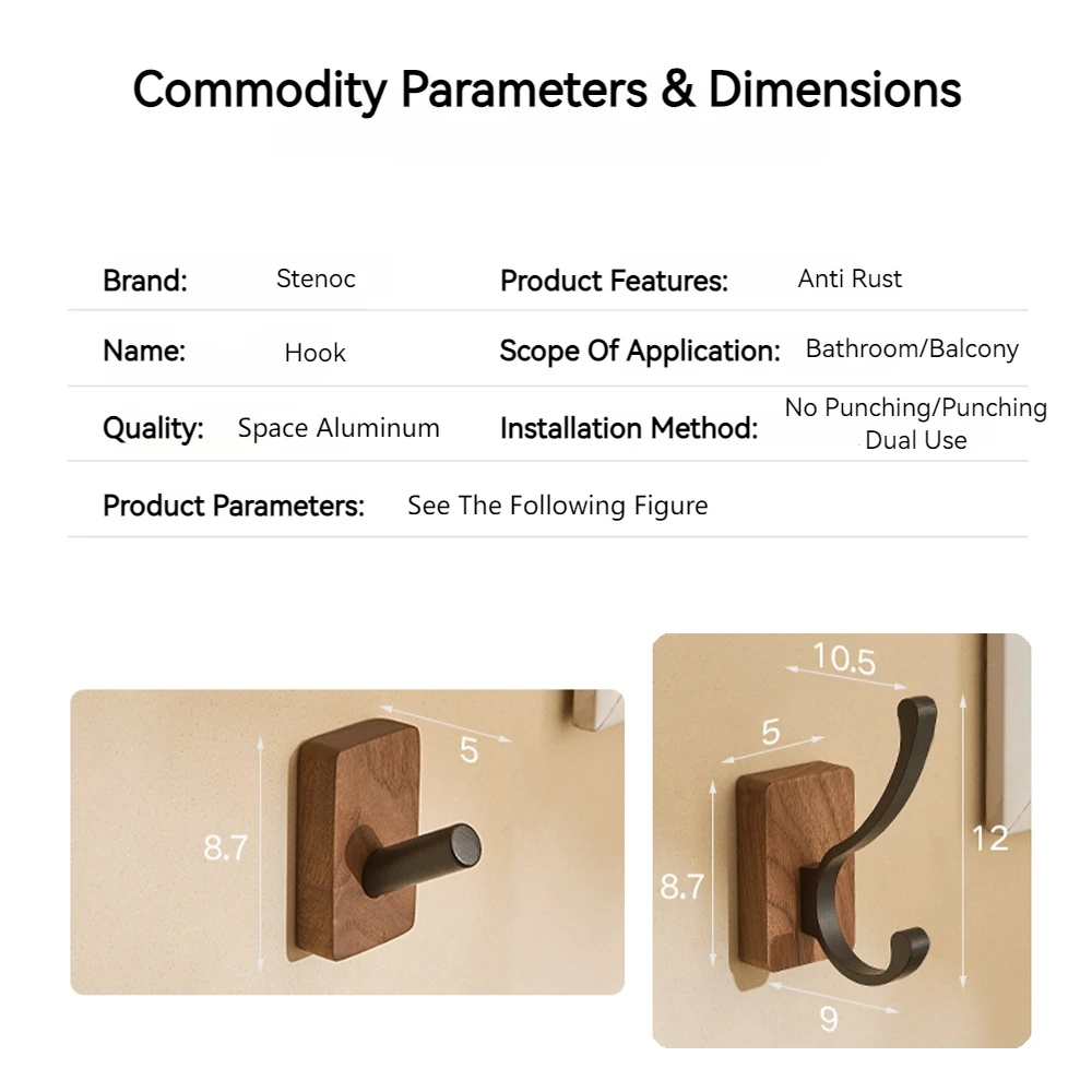 No Punching White/Black Walnut Coat Hooks Wall Hanging Bathroom Hooks For Towel & Coat Wooden Decorative Wall Hanger