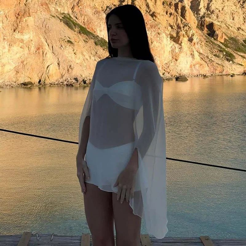 Hugcitar Chiffon Langarm-Oberteil mit Schlitz, Einfarbig, Sexy, Durchsichtig, Übergroßes Langes Smock-Top, Frühjahrsmode 2026, Strand-Outfit für den Urlaub – Detail 16