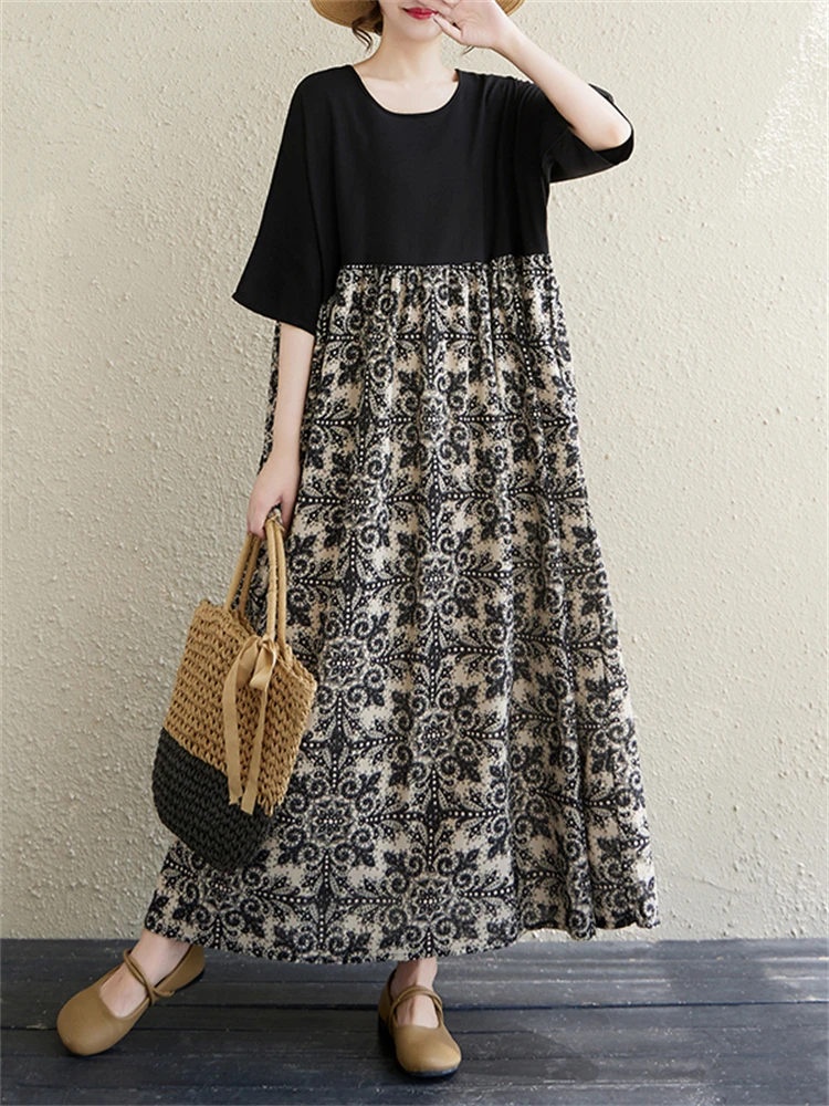 Cotton Vintage Casual Loose Print Women Dresses Short Sleeve Patchwork Dress Femme Vestidos Office Lady Elegant Summer Clothing