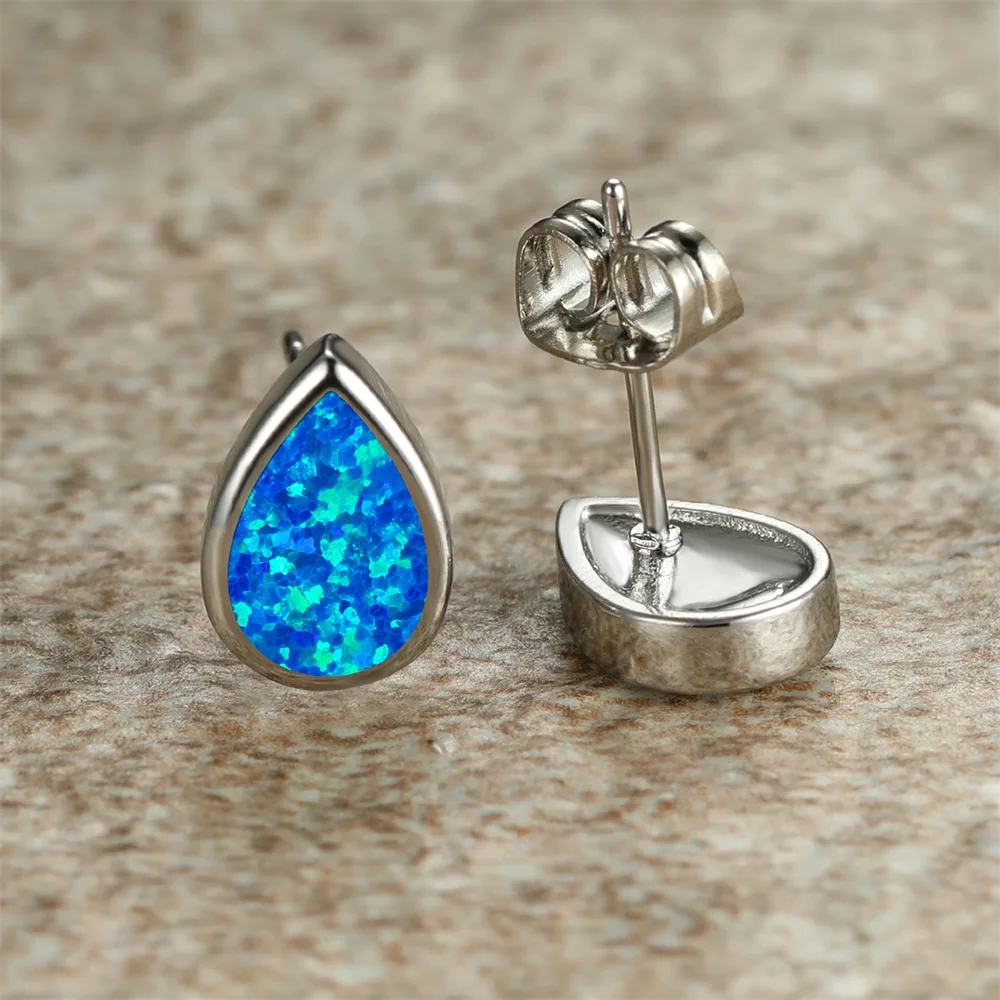 White Blue Opal Water Drop Stone Small Stud Earrings Fashion Silver Color Pear Cut Birthstone Wedding Jewelry For Women