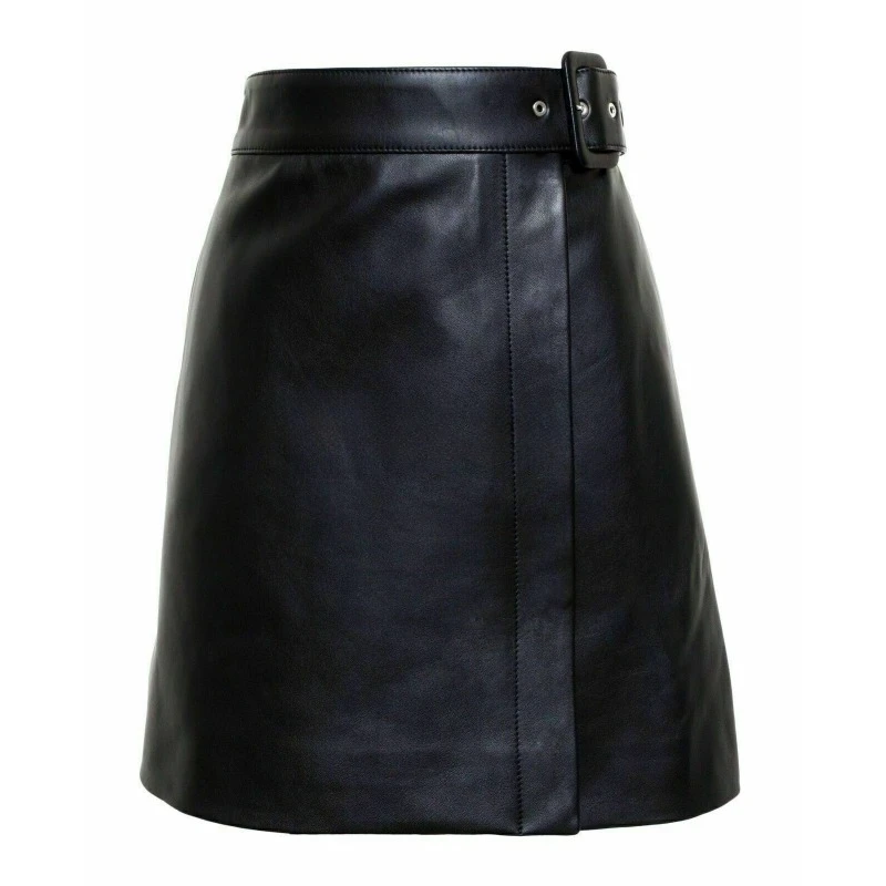 Premium Women Genuine Lambskin Real Leather Skirt Black Belted A Line Skirt