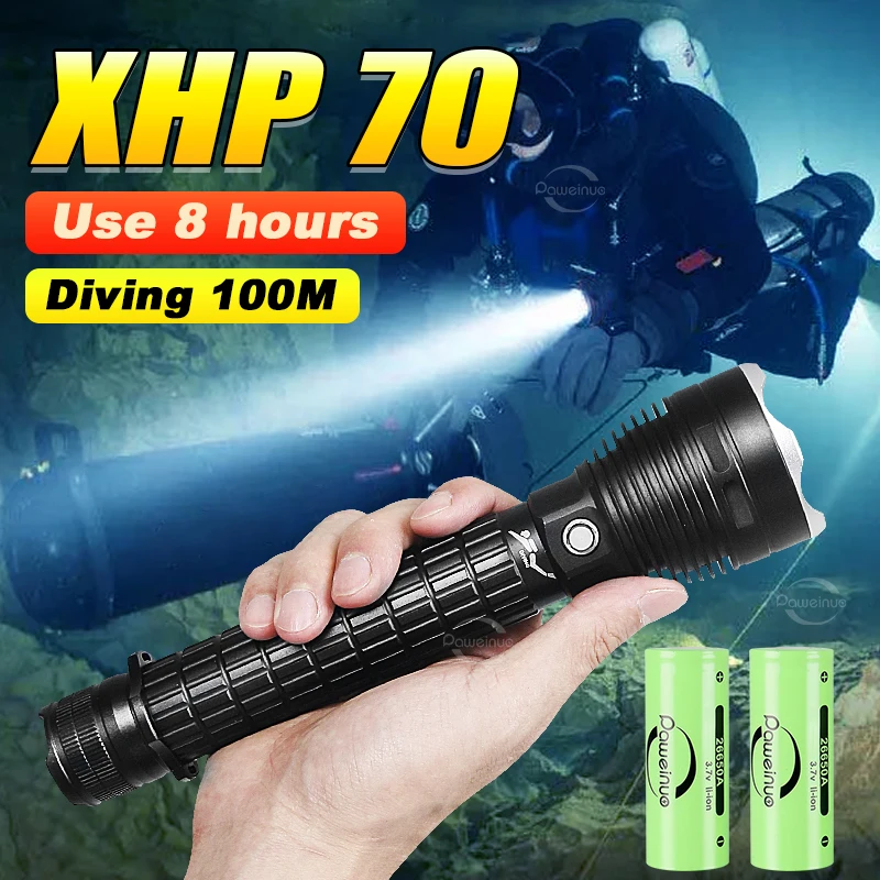 

XHP70LED Reachargeable 10000mAh Diving Flashlight 100M Diving Torch Waterproof Scuba Lamp Underwater Hunting Fishing Lantern