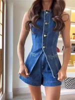 Summer Women's Denim Shorts Suit Sleeveless O-neck Single Breasted Split Top Vest High Waist Wide Leg Shorts 2024 Lady Sets - Image 6