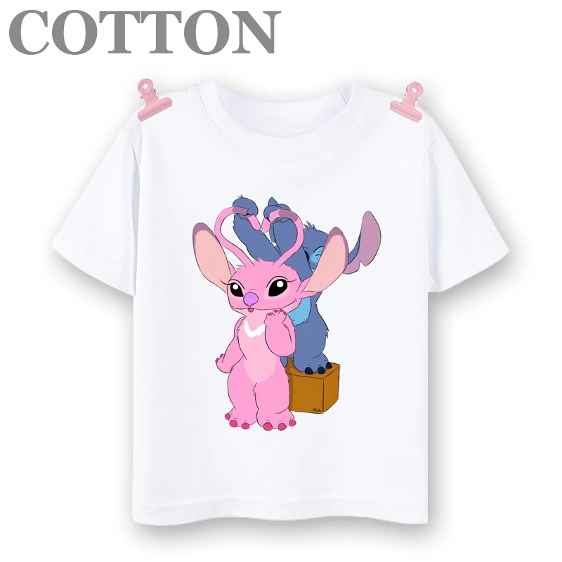 thumbnail image 1 of Camiseta de algodón con cuello redondo y manga corta para niños y bebés, diseño de dibujos animados de Disney Stitch, anime, moda de verano, 1 of 5