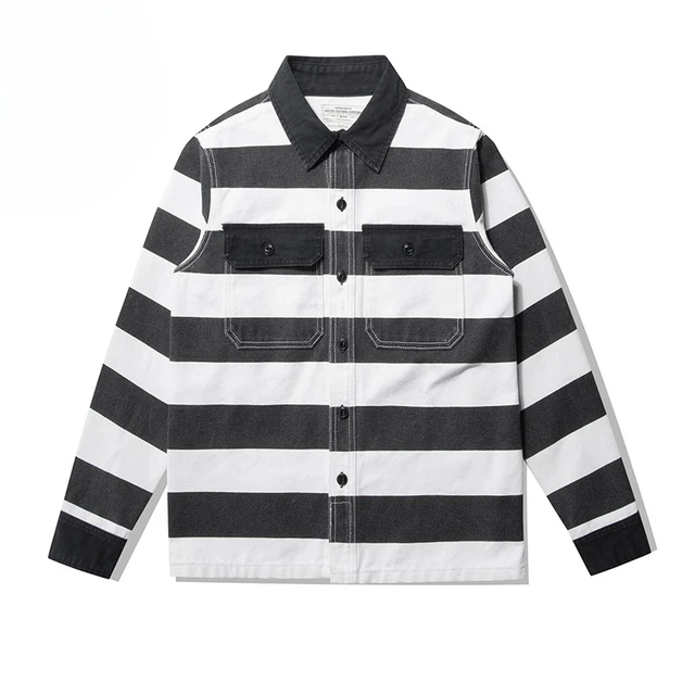 Men's 16OZ Canvas Jacket Vintage Black White Striped Motorcycle Shirt Cotton Thick Lapel Prisoner Jacket Male Casual Outerwear