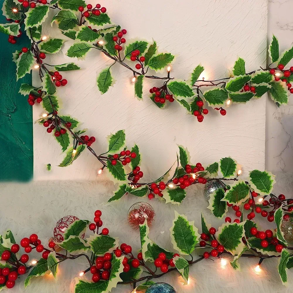 2M Christmas String Garland Artificial Red Berries Holly Leaves DIY Xmas Tree Ornament For Xmas New Year Holiday Home Decoration new 2m long artificial plants green ivy leaves artificial grape vine fake foliage leaves home wedding decoration