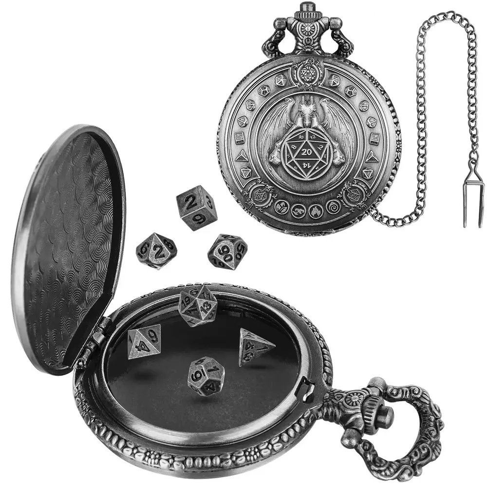 Vintage-Inspired Double Dragon DND Dice Jewelry Pocket Watch Case with 7 Metal Dice Set
