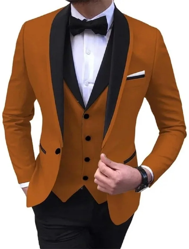 Black Shawal Lapel Costume Homme Groom Tuxedos Men Suit Wedding Prom Blazer 3 Pieces Terno Masculino (Jacket+Pants+Vest+bow)