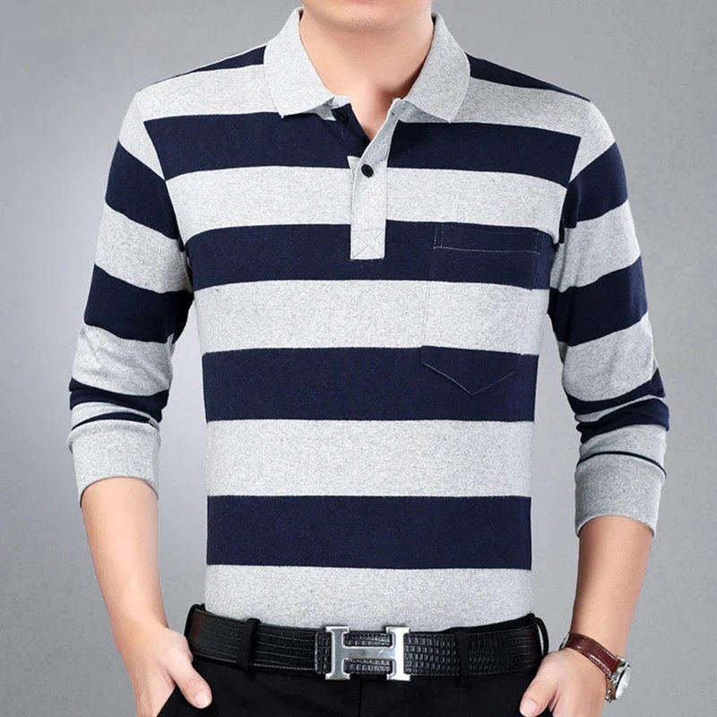 Spring Autumn Stripe Casual Fashion Polo Shirts Men Long Sleeve Loose Casual Tops All Match Pullover Korean Tees Male Clothes
