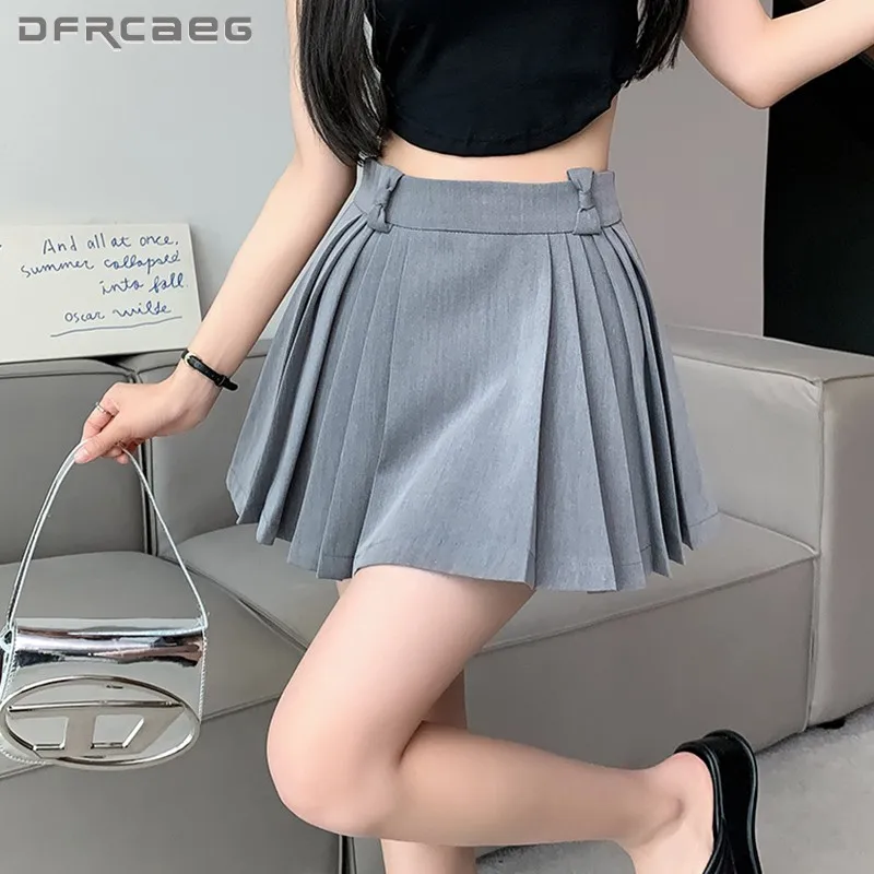 

Preppy Style Casual Summer Women Pleated Short Skirts With Bow 2023 High Waist School Kawaii Falda Gray Jk Saias Femmes