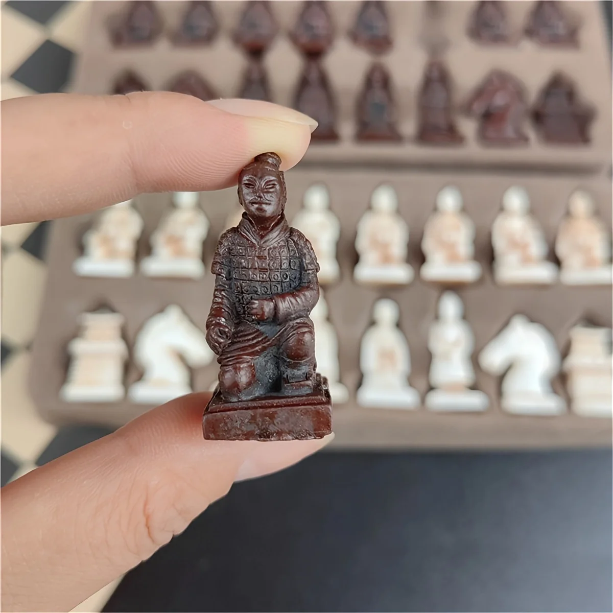 Antique Small Terra Cotta Warriors Chess Pieces Chess Leather Board 28cm/11.02inch Hand Made Retro Character Modeling Game