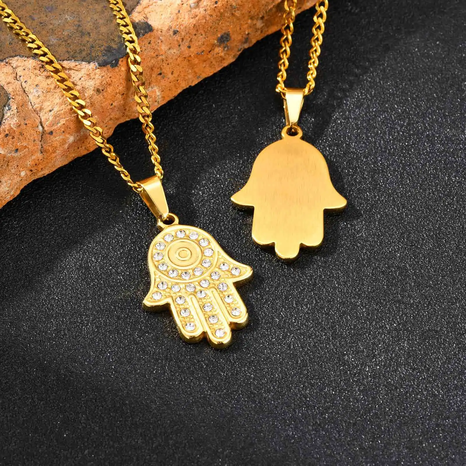 The Hand of Fatima Zircon Necklace for Men,Gold Color Evil Eye Stainless Steel Pendant,Turkish Jewelry Gift