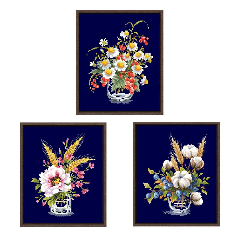 Chamomile and red cur cross stitch kit flower pattern design 18ct 14ct 11ct deep blue canvas embroidery DIY