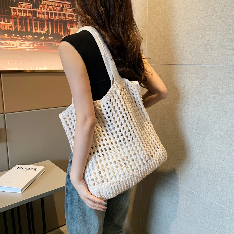 Women Tote Bag Solid Color Crochet Large Capacity Knitted Bag