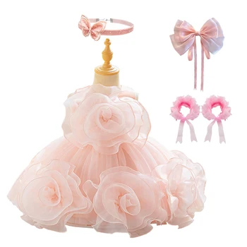 Toddler Girl 1st Birthday Party Gown Baby Girl Stage Performance Costume Summer Little Girl Pink Gown Luxury Photography Sets 1