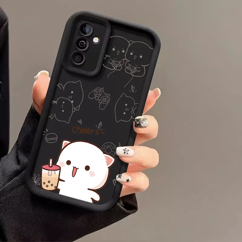 Cartoon Peach Mochi Cat Couple Case - Cute Animal Paired Soft Cover