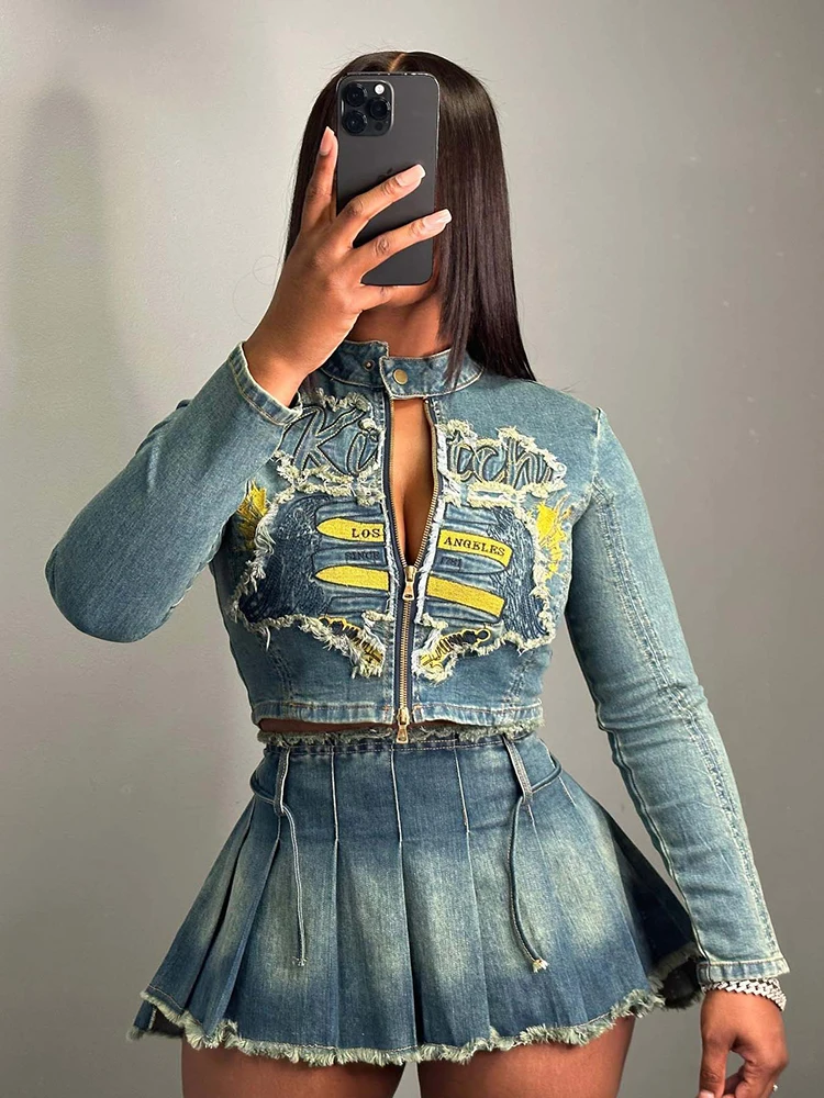 Sibybo Fashion Denim Pleated Skirt Set Basics Long Sleeve Zipper Short Top And Skirt 2024 Spring And Summer Spicy Girl Clothes