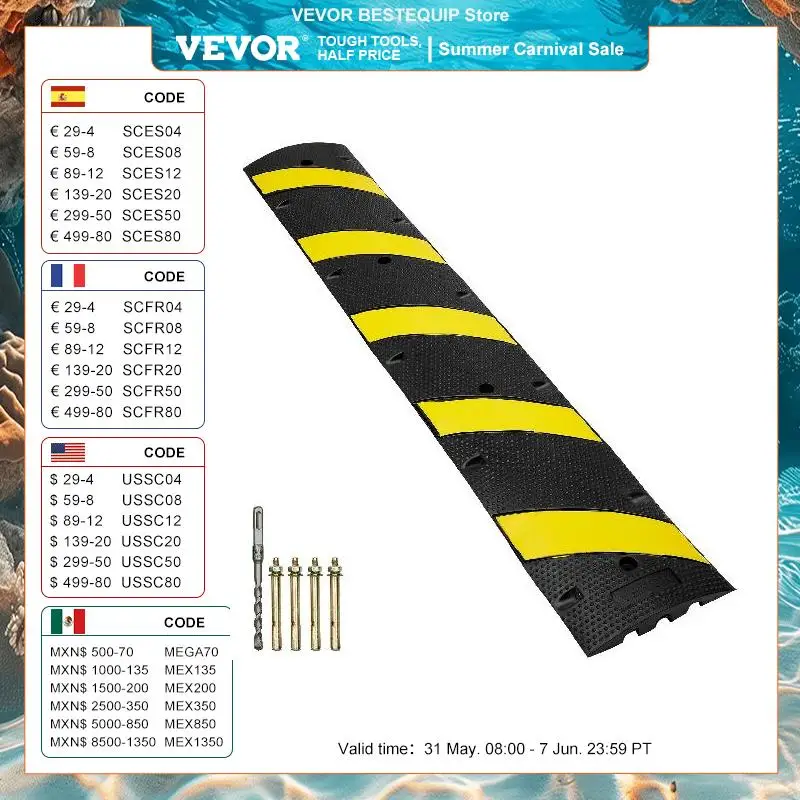 VEVOR 6ft/72'' Rubber Speed Hump 2Channel 22000lbs Load Capacity Heavy Duty Traffic Speed Bump for Asphalt Concrete Gravel Roads