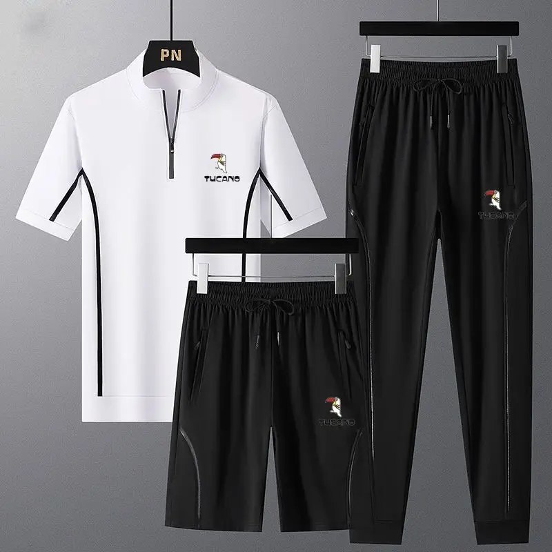 Pecker Bird Summer Ice Silk Men Short Sleeve Suit Sports Three Piece Set Loose Casual Large Size Running Clothes Mens Clothes
