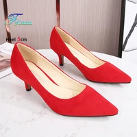 Comfort 5CM Thin High Heels Office Pointed Red Single Shoes Outdoor Walking Daily Women's Shoes Plus Size 46 Woman Suede Pumps 1