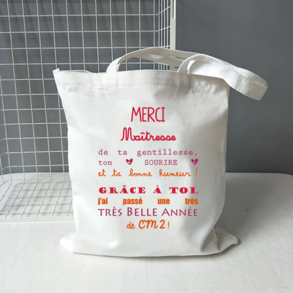 Merci Maîtresse Print Cotton Canvas Shoulder Shopper Tote Bags Travel Storage Handbag Teacher Book Travel Storage Bags Shopper