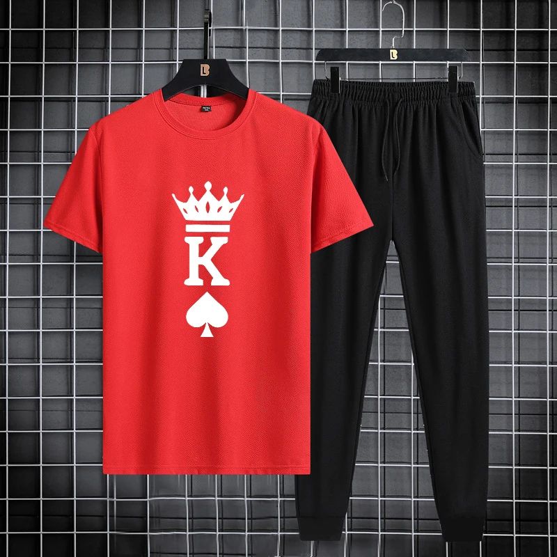 Summer new men's round neck quick drying casual sports and fitness breathable short sleeved+long pants set, two-piece set 4