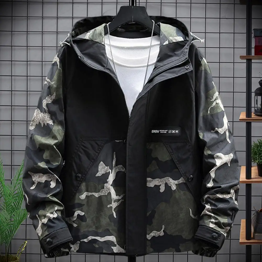 

Popular Men Hoodie Jacket Patchwork Male Relaxed Fit Printed Windbreaker Super Soft Men Jacket for Daily Wear
