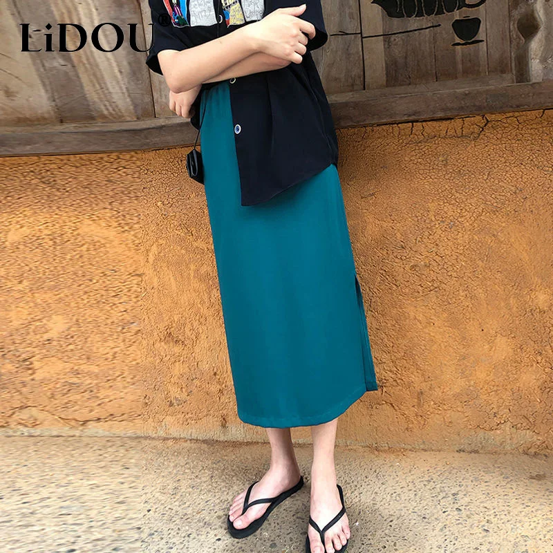 

2023 Summer New Solid Color High Street Elastic Waist Skirt Women Casual Fashion Loose Korean Style High Waist Female Clothing
