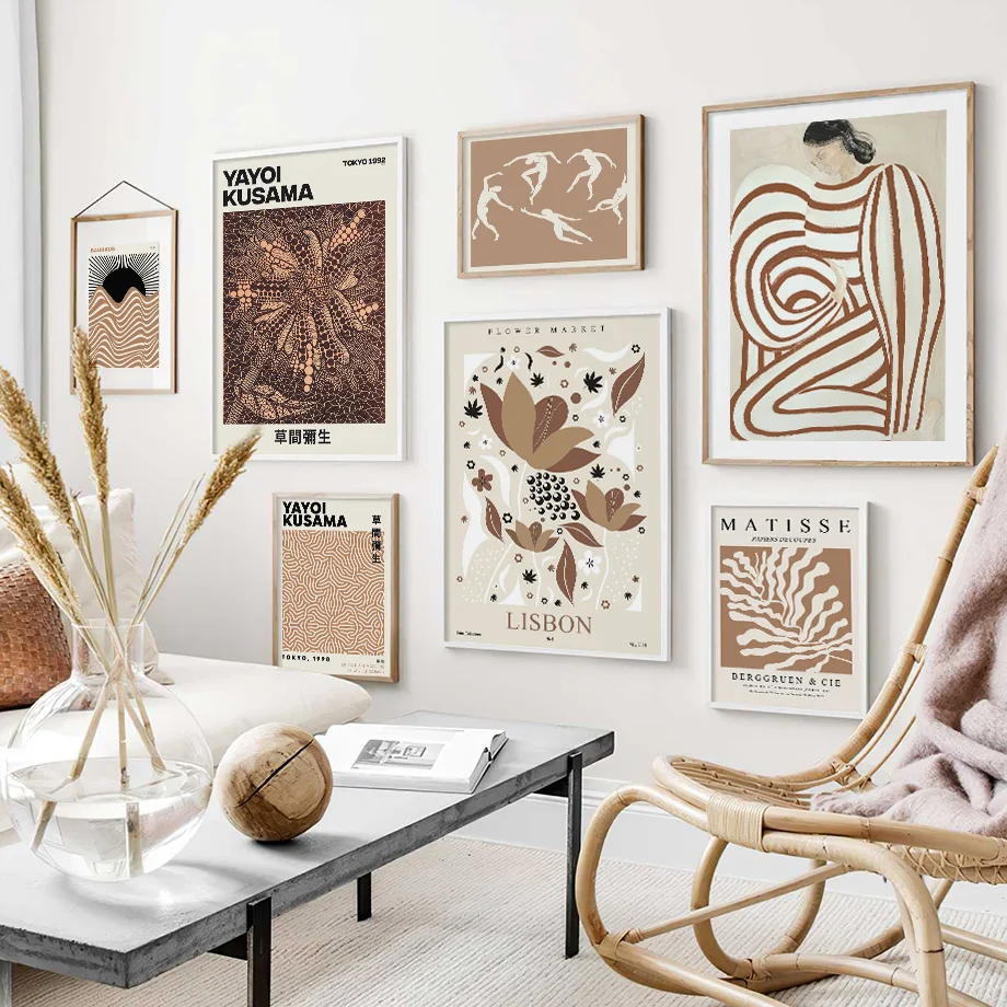 

Dark Brown AbstractPosters Wall Art Matisse Yayoi Kusama Bauhaus Line Woman Canvas Painting Prints Living Room Home Decoration