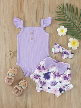 Vestiti estivi per neonata Set tuta senza maniche pantaloncini stampati 3 pezzi vestiti per bambina per 0-1 anni