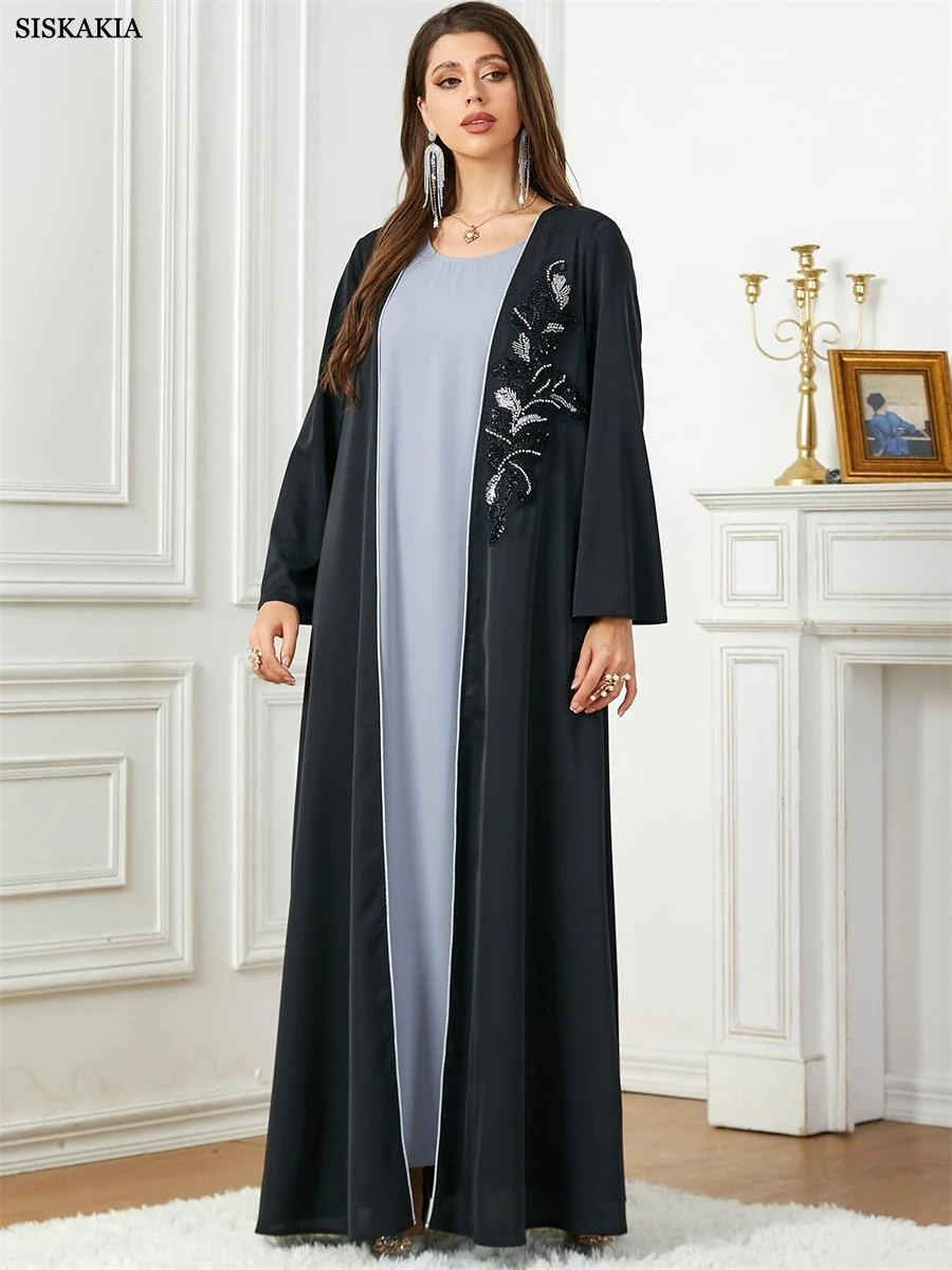

Siskakia Saudi Arab Casual Loose Black Floral Beading Draped Open Kimono Abaya Jalabiyat Moroccan Turkish Borka Women Clothing
