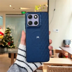 Luxury Retro Leather 3D Grid Magnetic Phone Case Cover - Moto G77 (Blue)