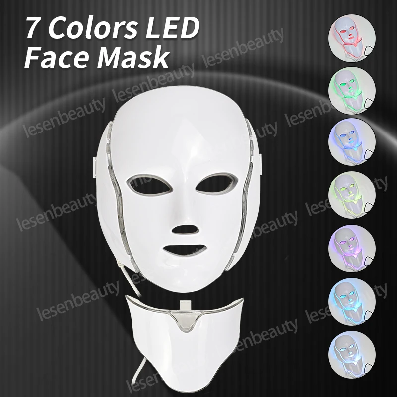 7 Colours LED Face & Neck Light Therapy Mask Photorejuvenation & Whitening Beauty Meter Pore Tightening Shrinking Skin Care ve