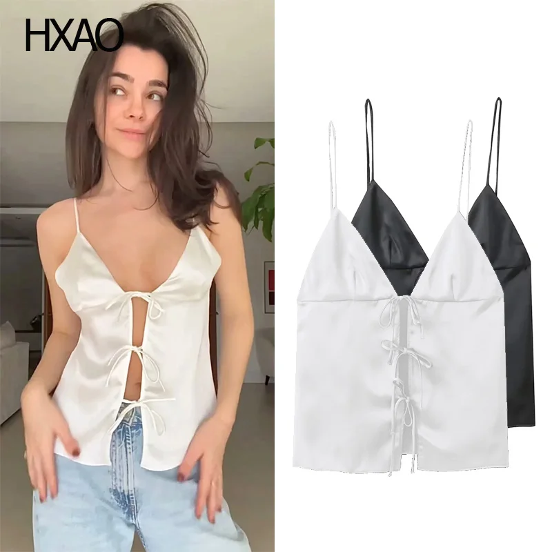 

HXAO White Tank Top for Women Satin Top Summer Backless Top Black Corset Tops Bow Women's Tube Top Crop Top Sexy Women Nightwear