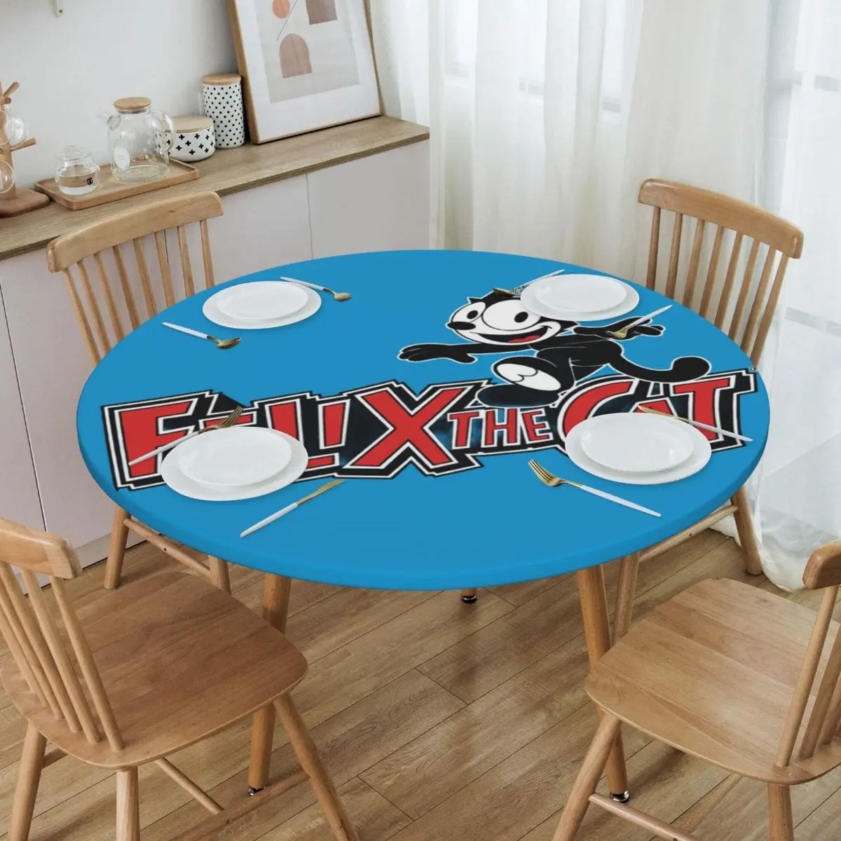 

Custom Round Waterproof Disney Felix The Cat Anime Table Cover Fitted Cartoon Table Cloth Backed Edge Tablecloth for Dining