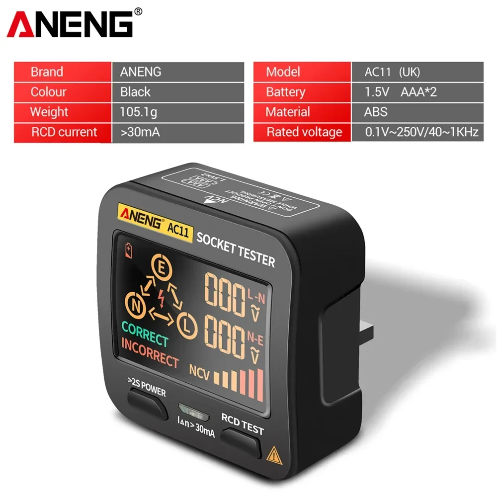 ANENG AC11 Voltage Test Socket Detector US/UK/EU/AU Plug Ground Zero Line Phase Check Rcd NCV Test Digital Smart Socket Tester 6