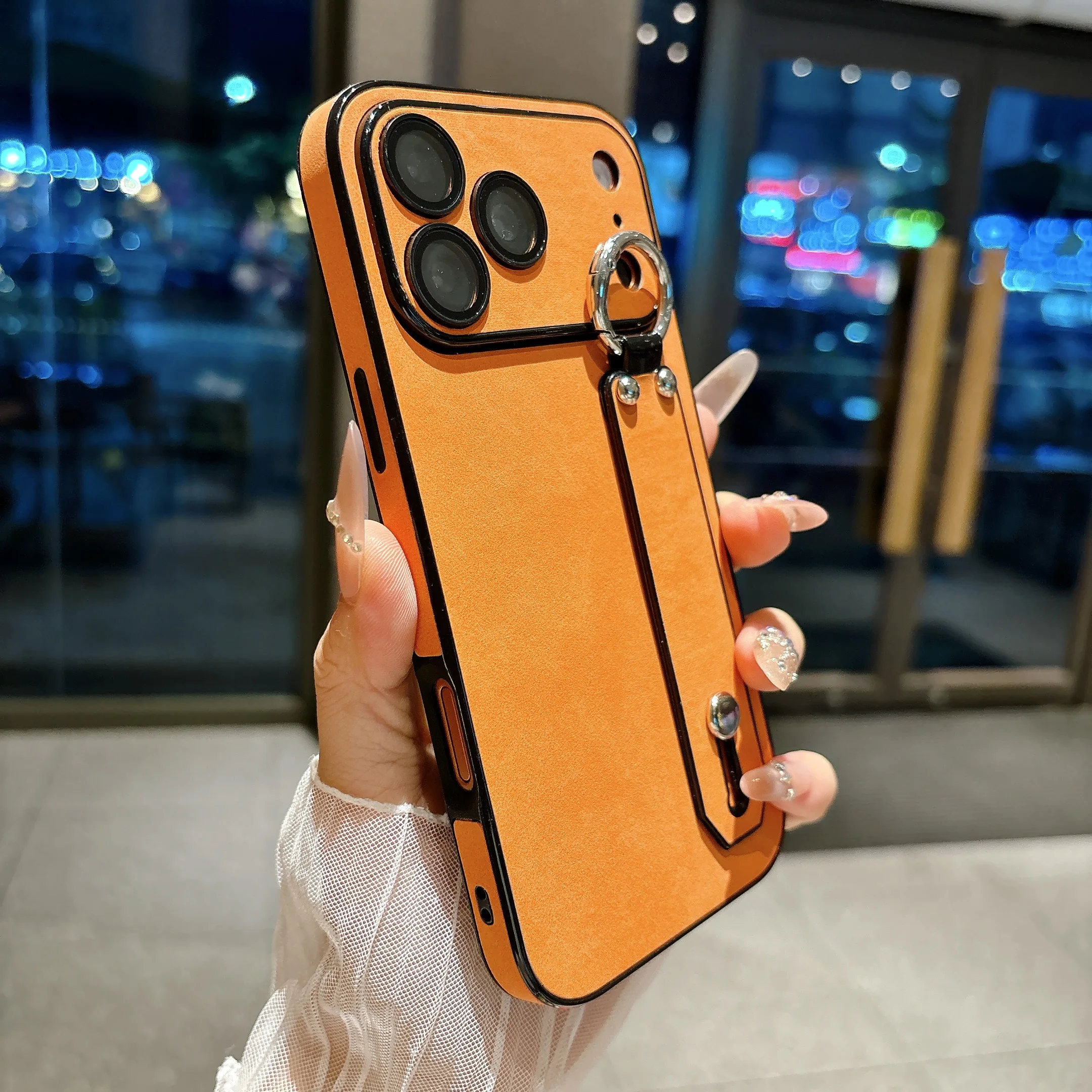 Luxury Matte Sheepskin Leather Phone Case with Bracket and Wrist Strap