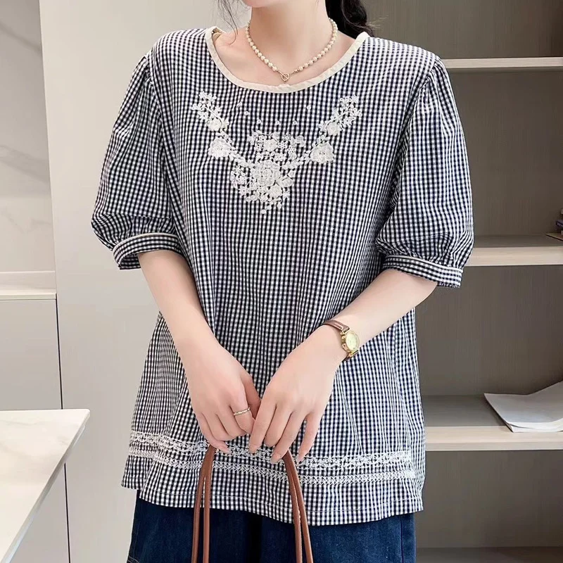 

Блузка женская хлопковая в клетку, элегантная винтажная клетчатая рубашка с коротким рукавом, в японском стиле, чёрная белая, на лето