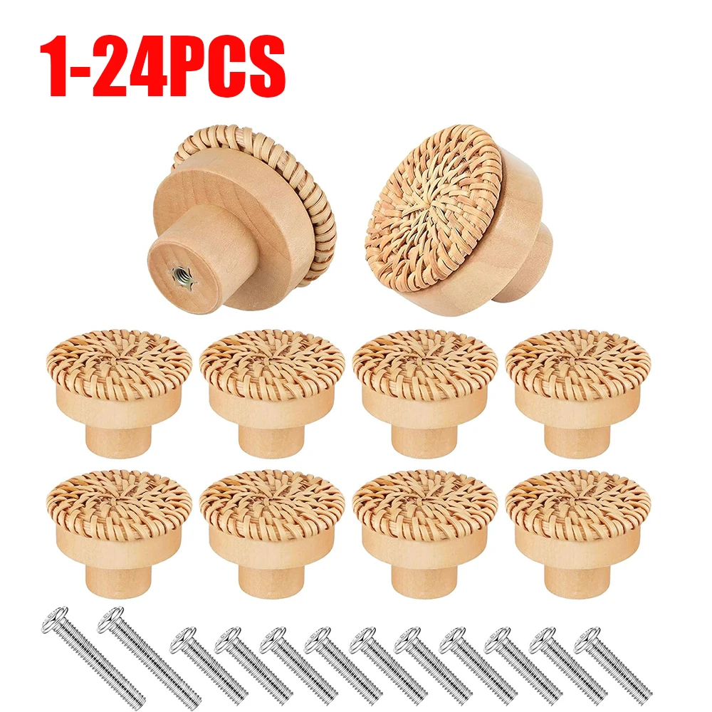 Rattan Wooden Handles Round Handmade Cabinets Drawer Pulls Wood Kitchen Cupboard Wardrobe Door Dresser Knobs 1-24pcs