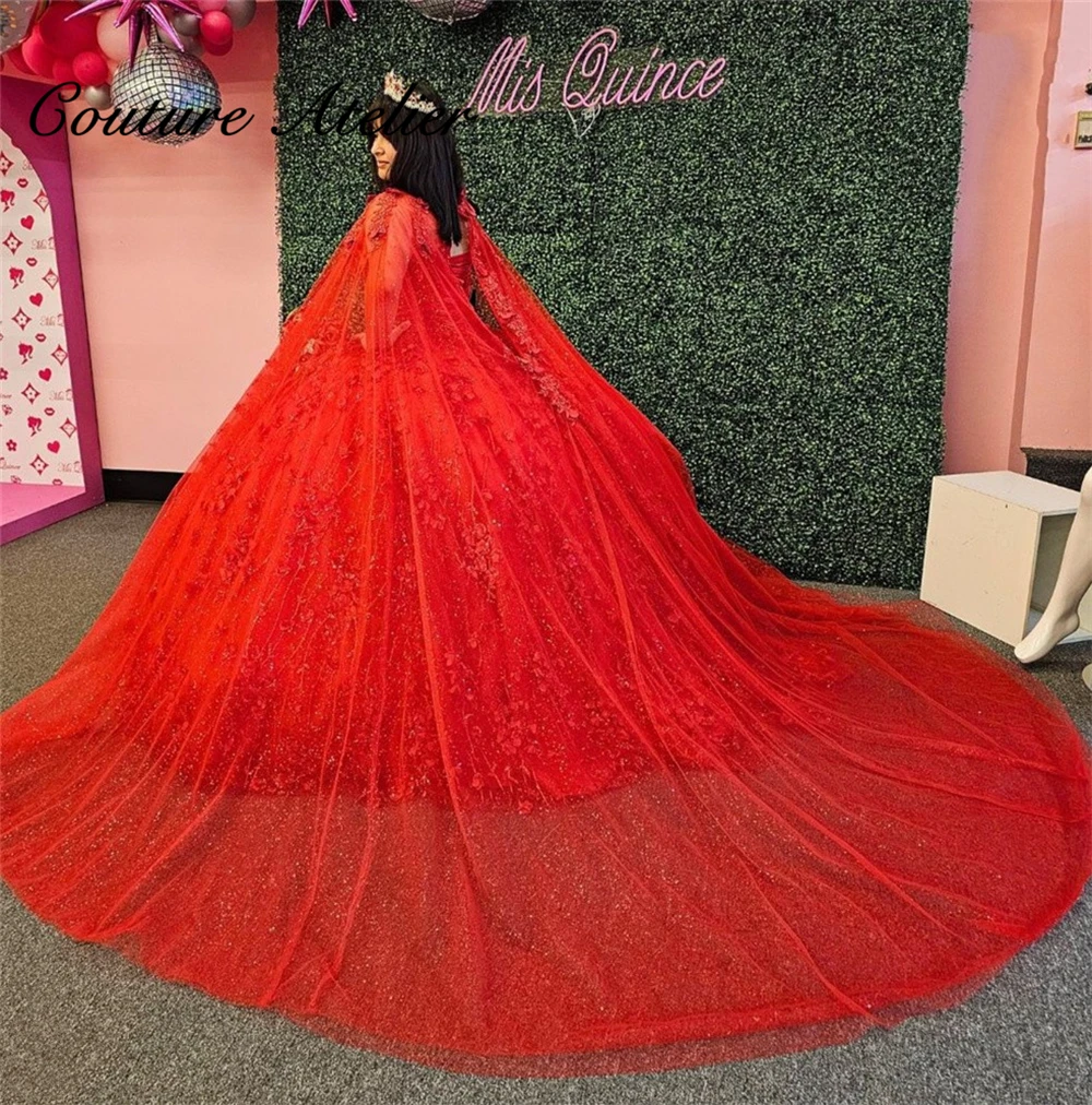 

Gorgeous Red Lace Applique Quinceanera Dresses 2024 Cape Princess Sweet 15 Years Girl Birthday Dresses Vestidos De Quinceañera