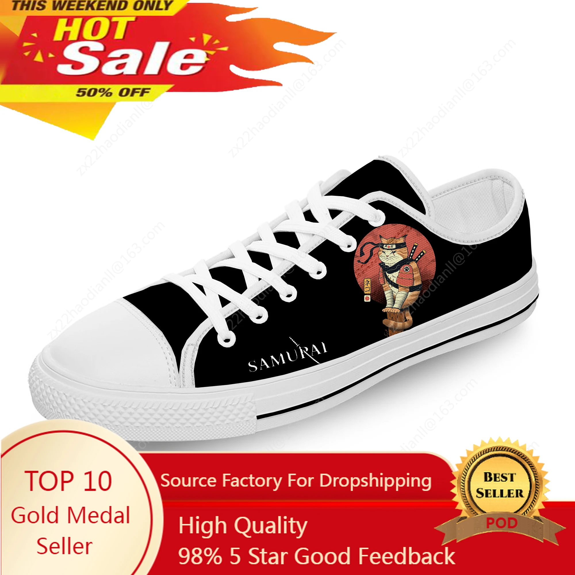 Samurai Cat Japanese Harajuku White Cloth Fashion 3D Print Low Top Canvas Shoes Men Women Lightweight Breathable Sneakers